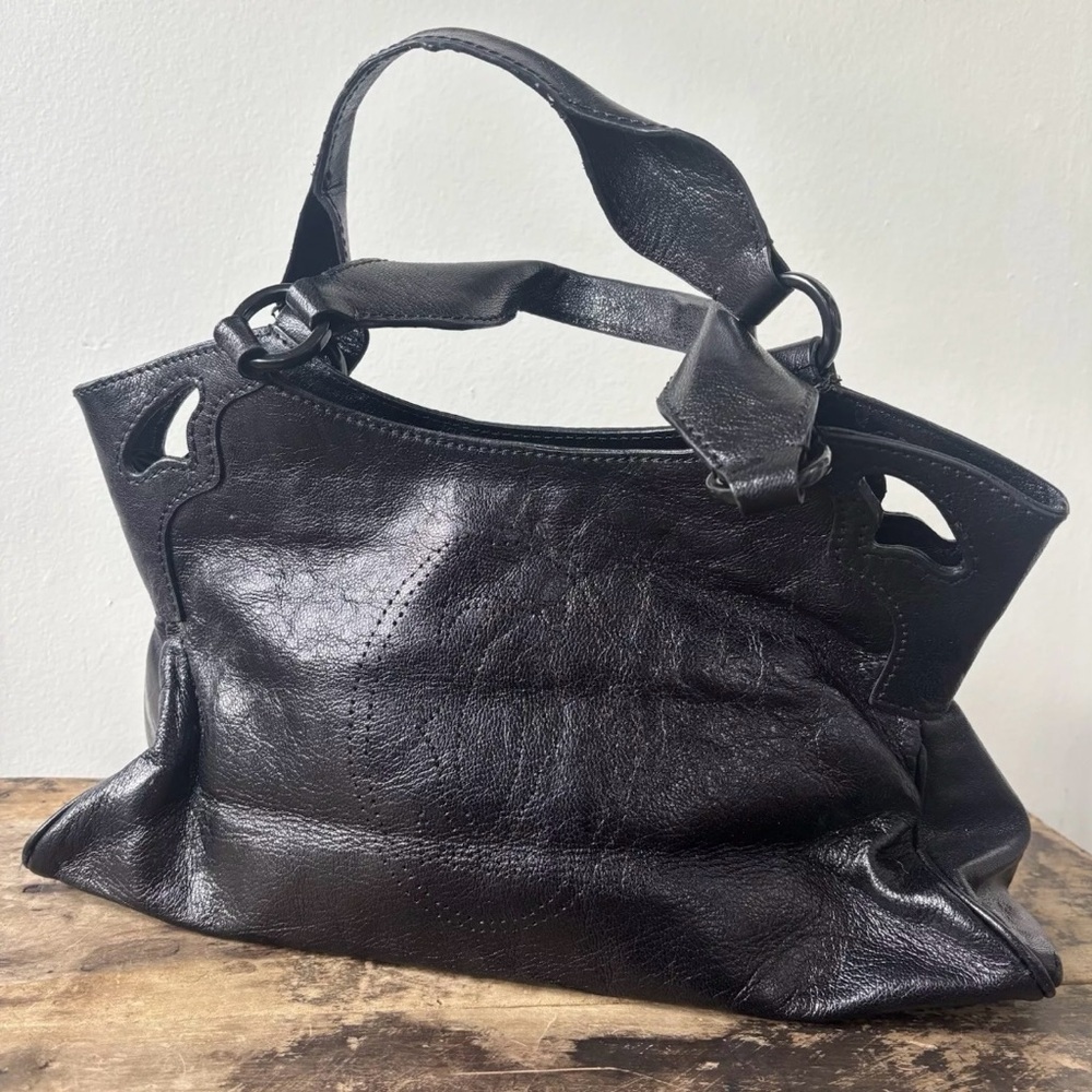 Black Leather Shoulder Bag with Silver Hardware